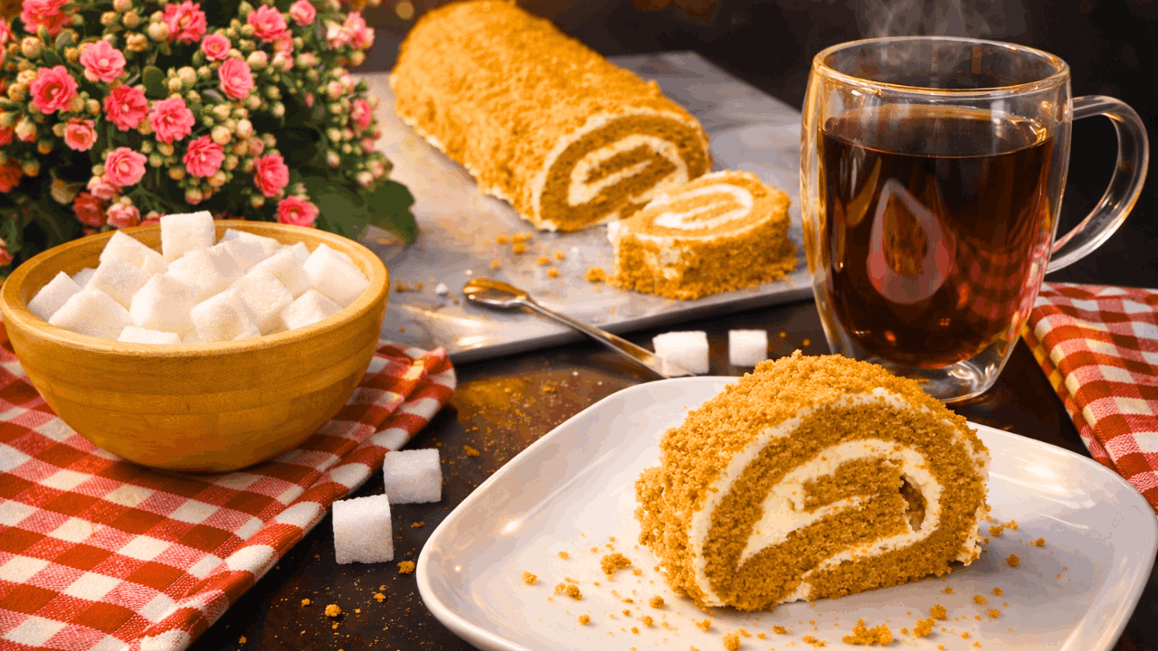 Honey Swiss Roll Cake with Mascarpone Cream